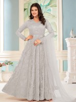 Light Grey Butterfly Net Designer Anarkali Salwar Kameez